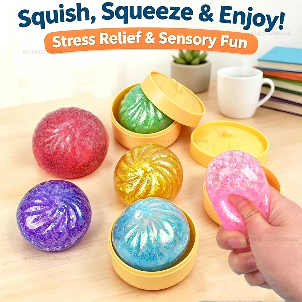 Mini Glitter Steamed Bun Squishy Toy Baozi Squeeze Toy with Steamer Box Colorful Squishy Dumpling Fidget Toy for Autism ADHD