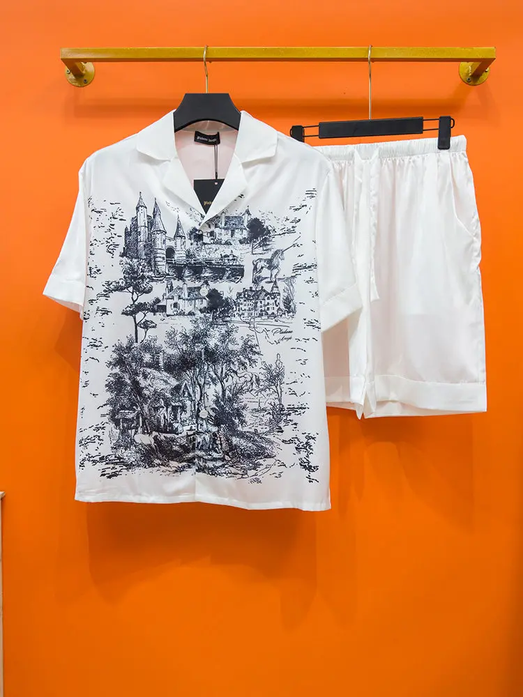 Luxury Men's Social Hawaiian Shirt Sets Fashion Lapel Short Sleeve Top Shorts 2 Piece Outfit Casual Loose Men Suit Clothing2025