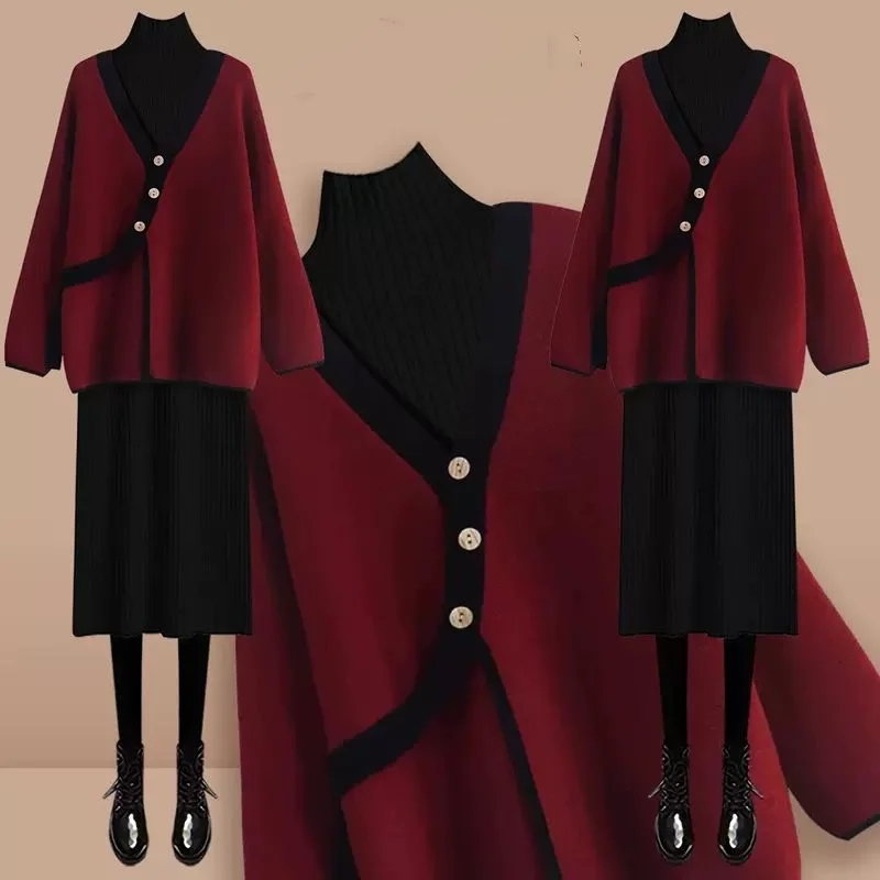 Spring Autumn Elegant Outfits Women's 2023 New Fashion V-neck Sweater Coat Temperament Knitted Dress Two Piece Set Fashion