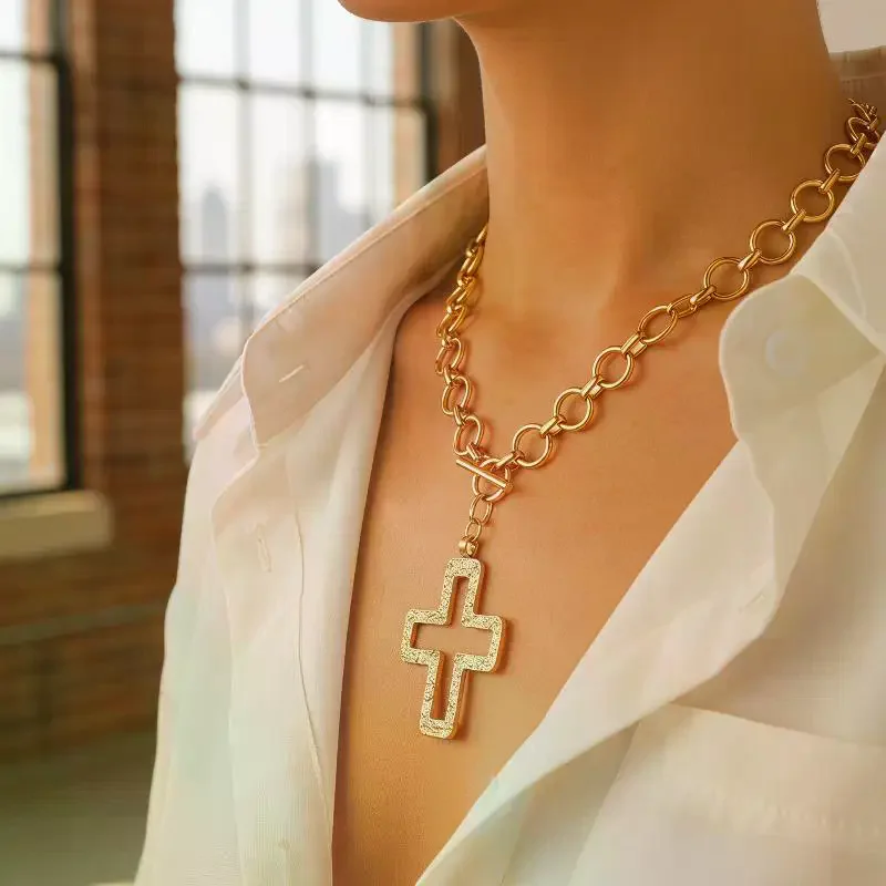 1/2/3Pcs Gold Plated Hollow Cross Necklace Earrings Bracelet Set Chunky Chain Jewelry Set Women Statement Pendant Accessories