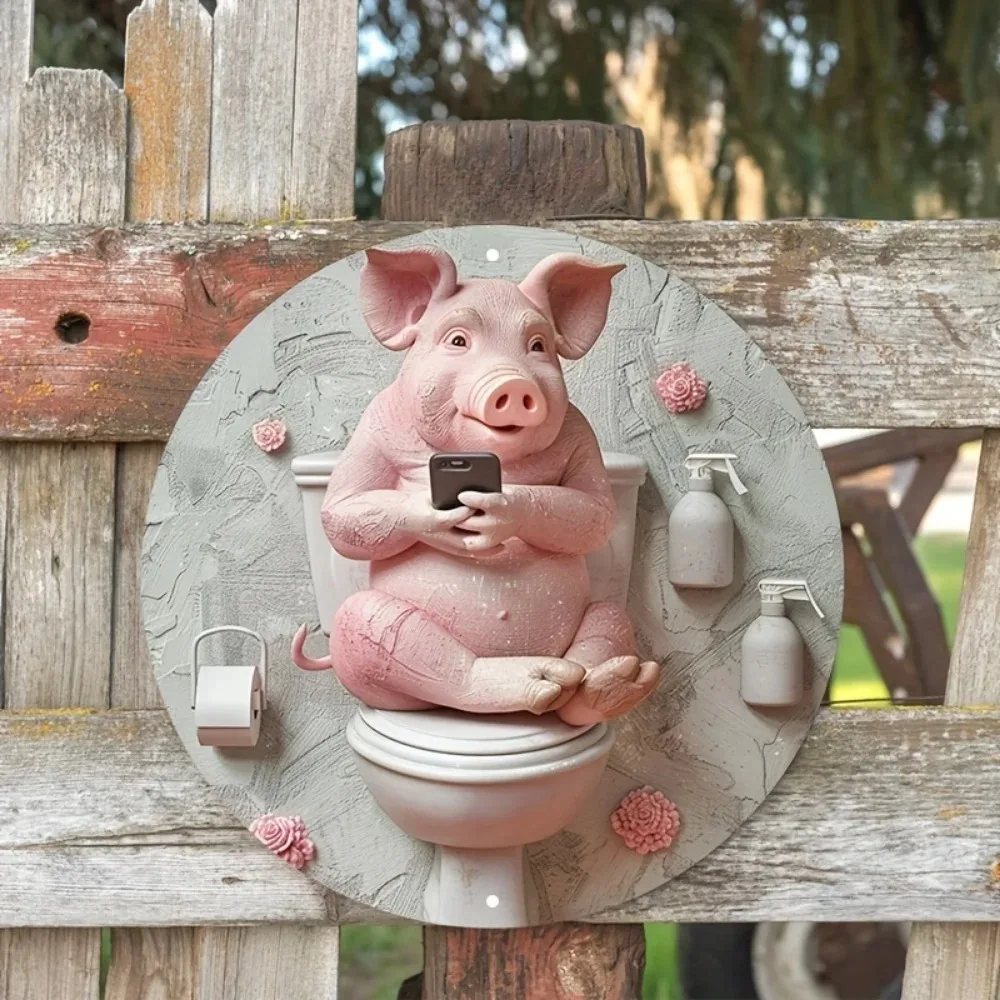 

Swine & Vine Oinkment" Distressed Aluminum Pig Art – Round Garland Design with Tulip-Embossed Snout | Whimsical Bathroom Decor