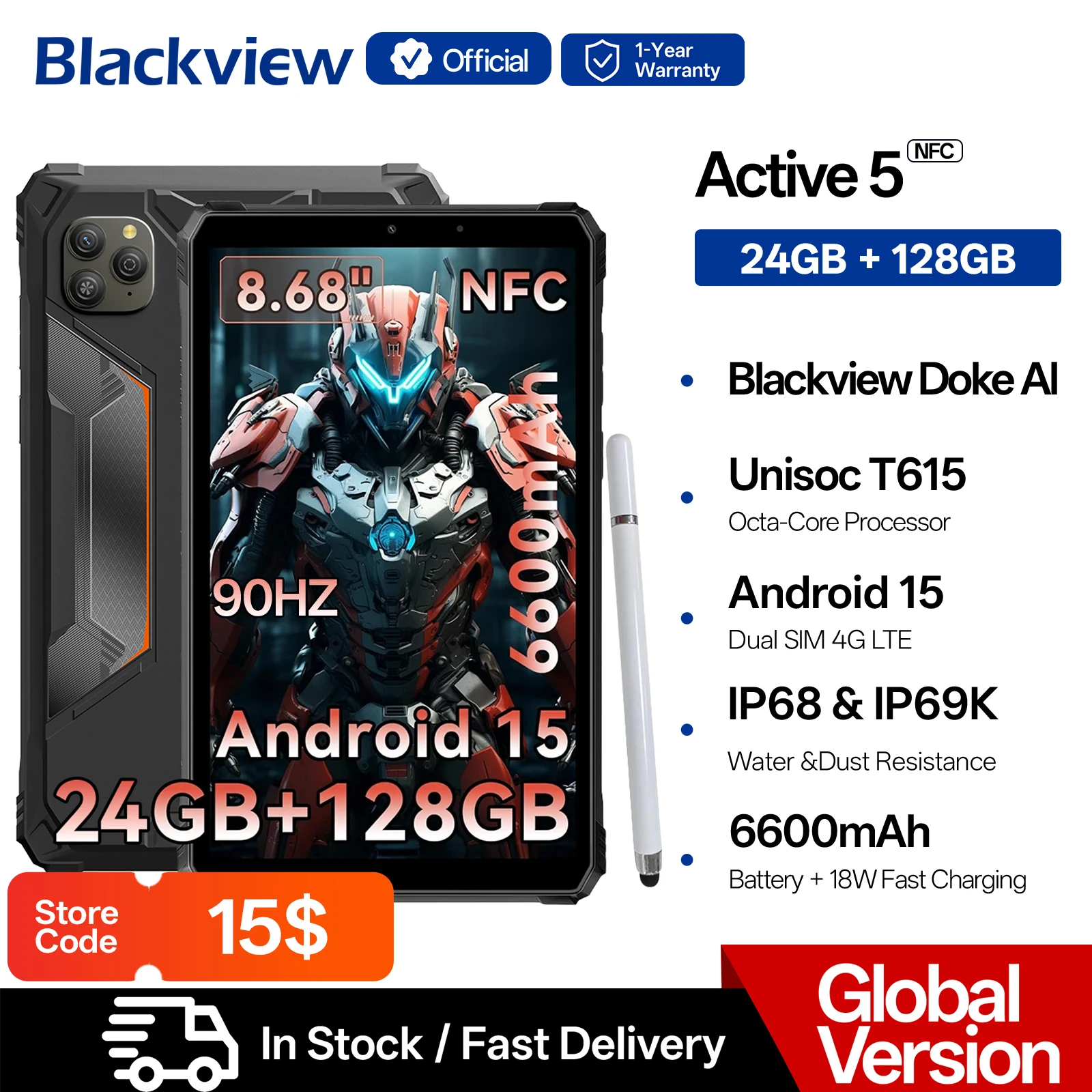 Blackview Active 5 8.68'' Rugged Tablet PC Unisoc T615 Octa Core 24GB+128GB 6600mAh Battery Android 15 Mini Pad Global Version