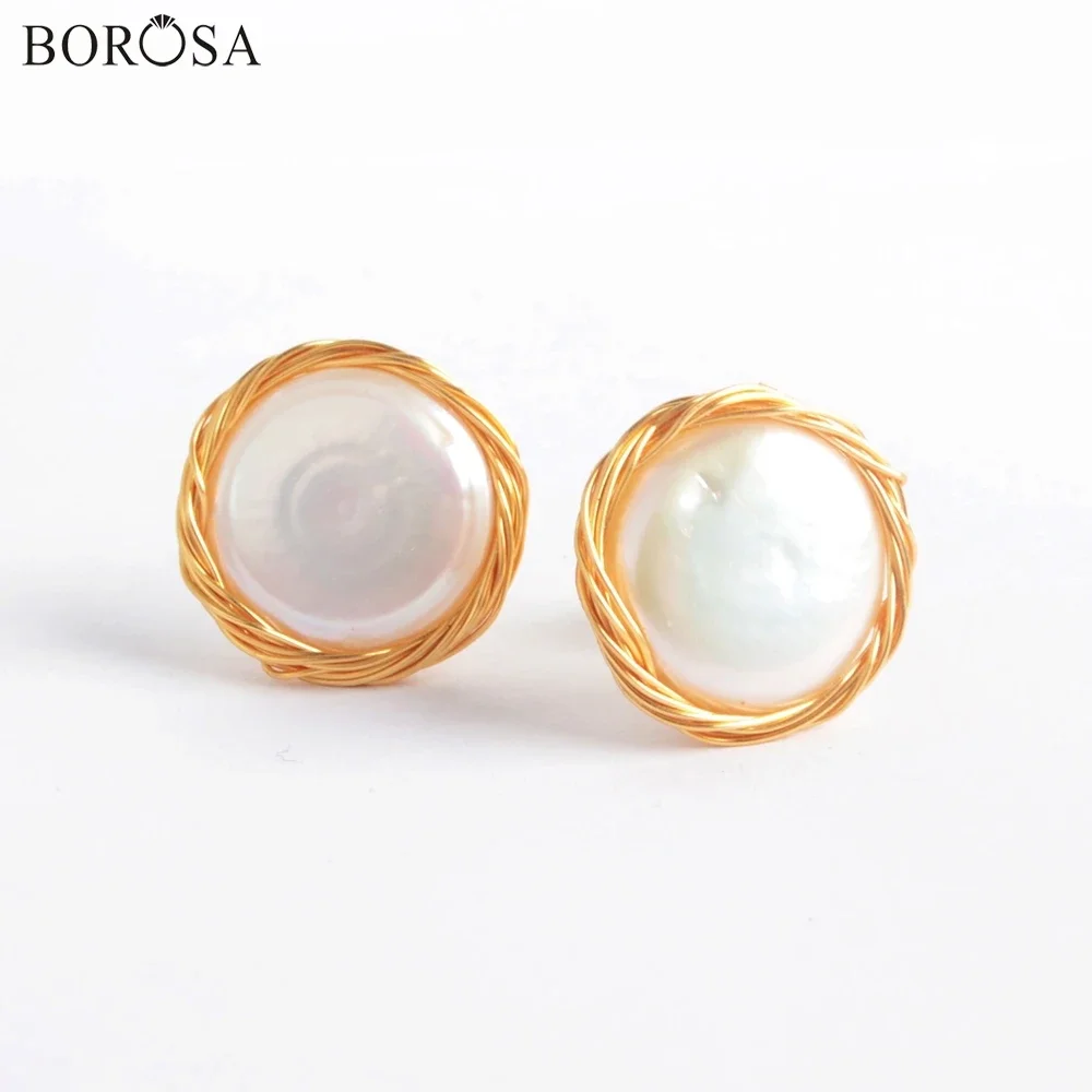 BOROSA Design 3Pairs Round Natural Pearl Wire Wrap Studs 16mm Trendy Freshwater Stud Earring Christmas for Women Jewelry Gifts