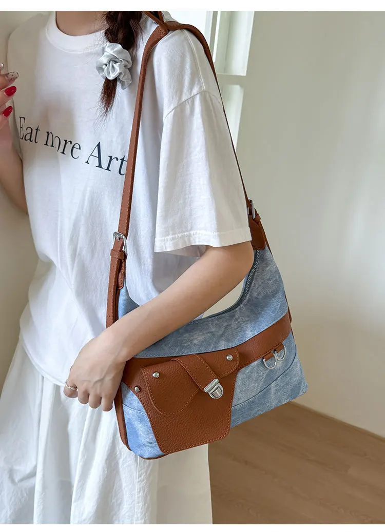 

Casual simple Crossbady bag contrasting denim new commuter shoulder bags versatile large capacity Korean women's messenger bag
