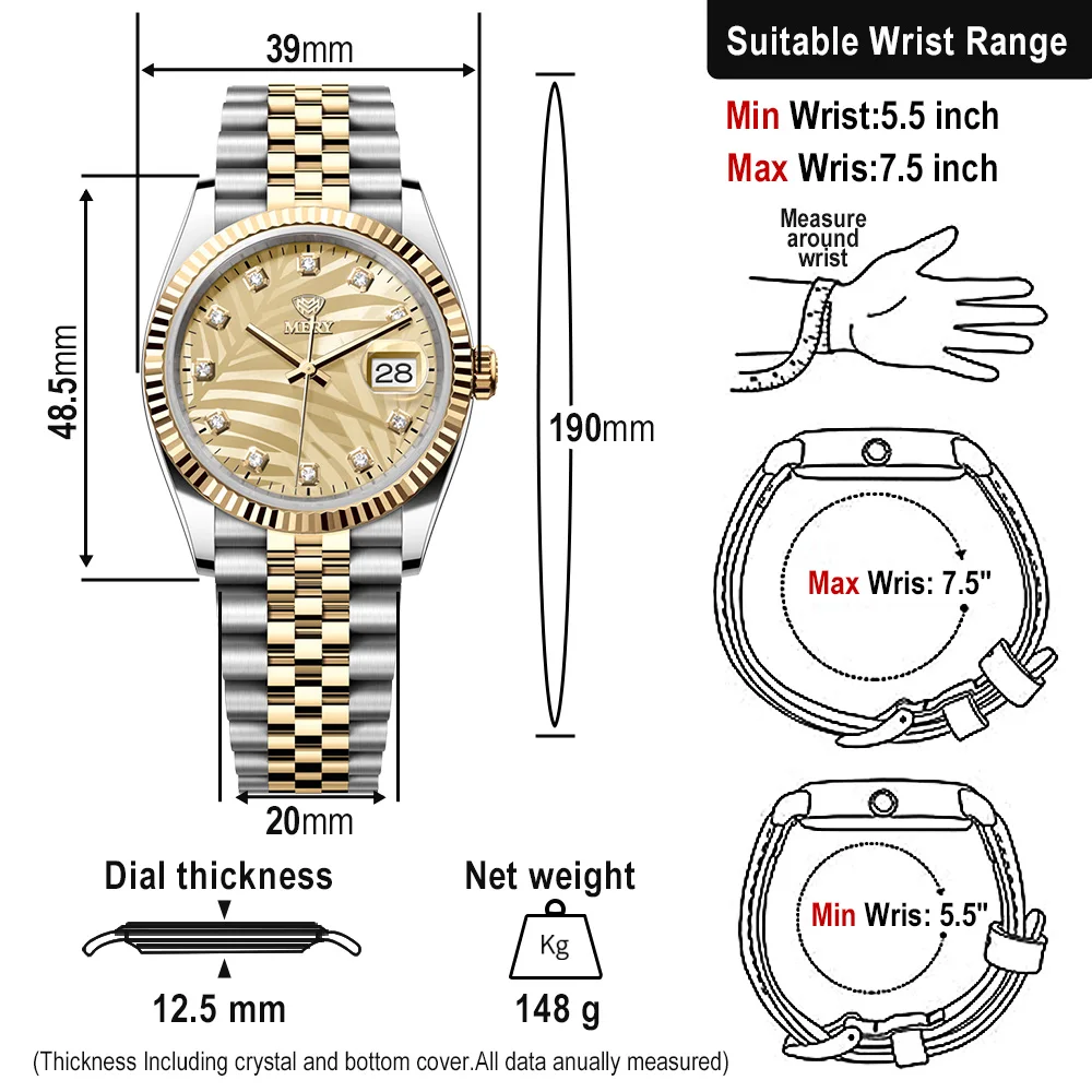 MERY Golden Watches Mens Automatic Mechanical 39mm NH35 Sapphire Glass Date Business Dress Casual Luxury Rose Gold Watches