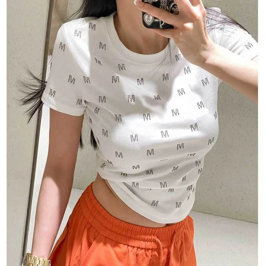 

White M Diamond Slimming Age-Reducing T-Shirt Casual Fashion Overalls Set 178# 887 31/73 Women's Ensemble