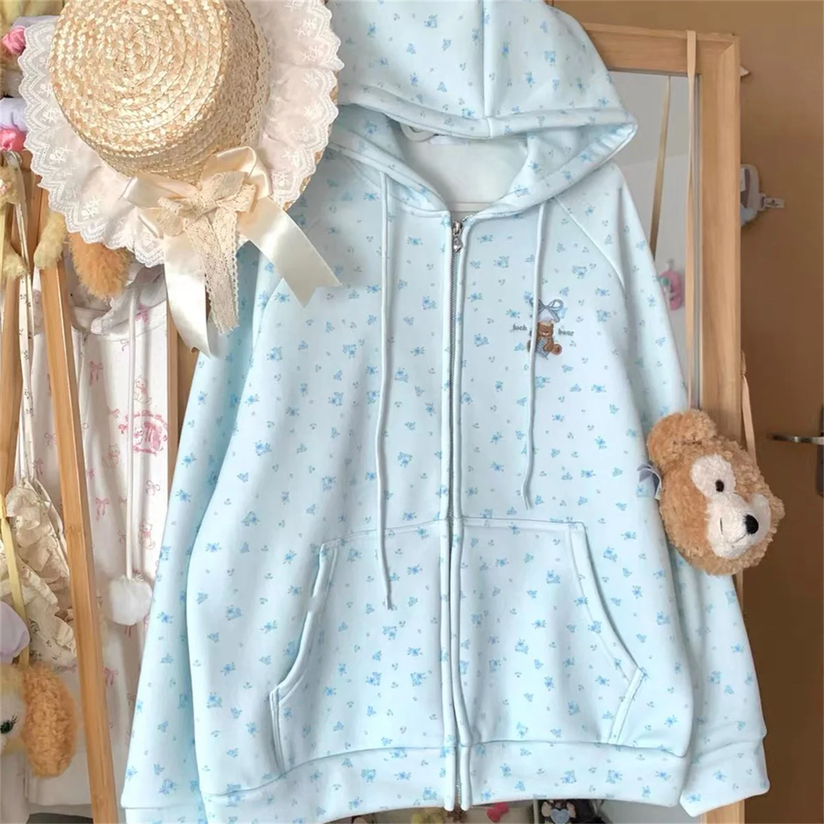 Felpe con cappuccio tascabili patchwork in pizzo giapponese Top autunno Harajuku Felpa con stampa di cartoni animati Casual sciolto Y2k estetica streetwear