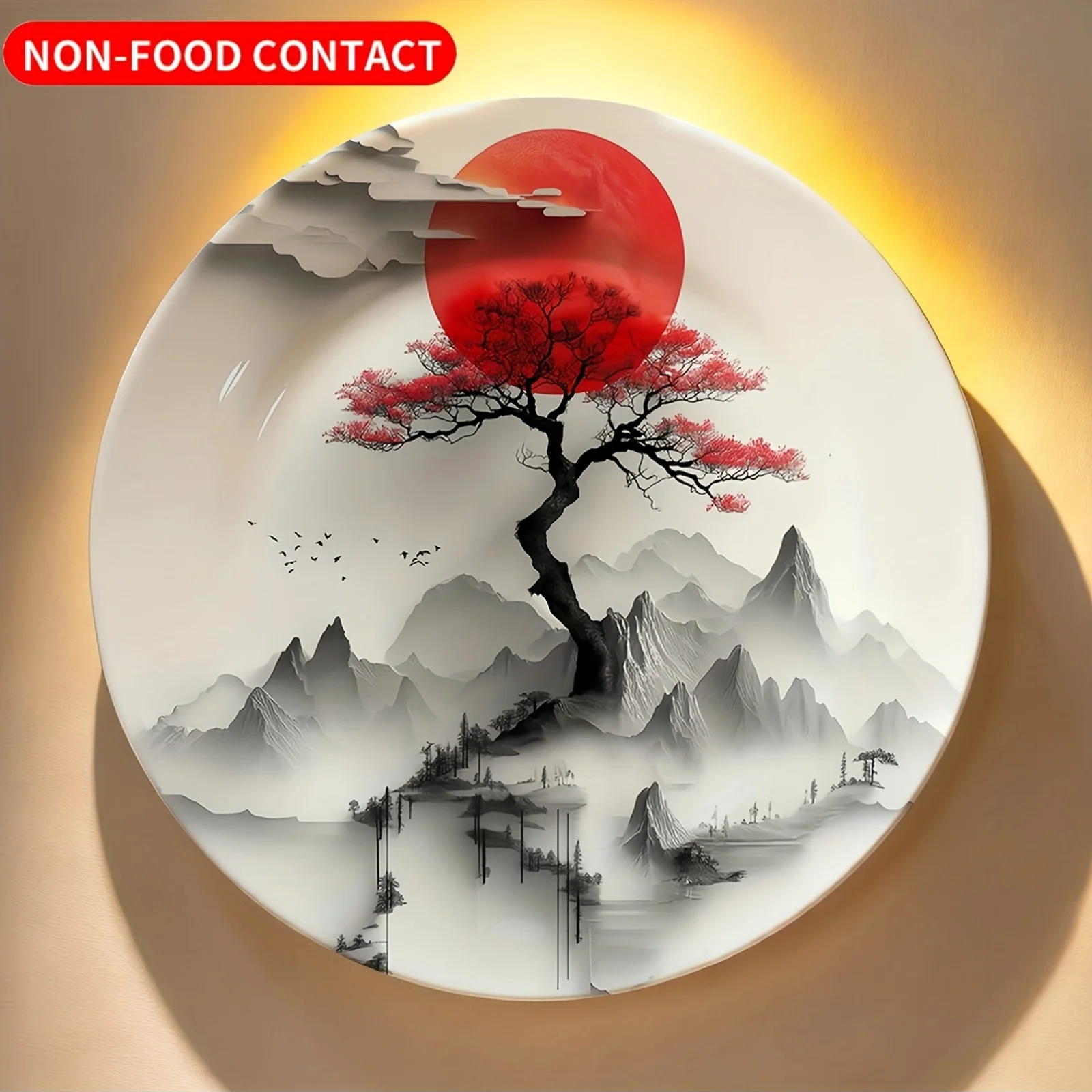 1pc Chinese-Inspired Red Sunset & Black Mountain Landscape Ceramic Wall Art Plate - Non-Food Contact Decorative Round Plate