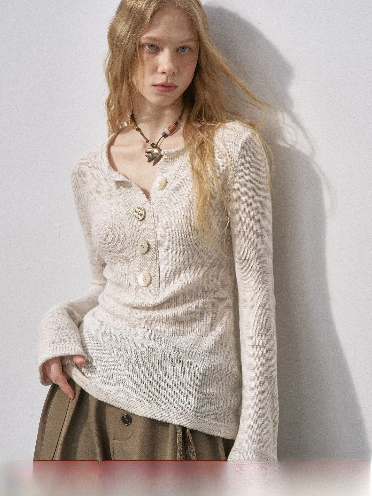 

DIDDI MODA Thickened Henry Collar Knitted Base Shirt Women's Loose Fit Autumn Winter Sweater Shiny Sequin Long Sleeve Top