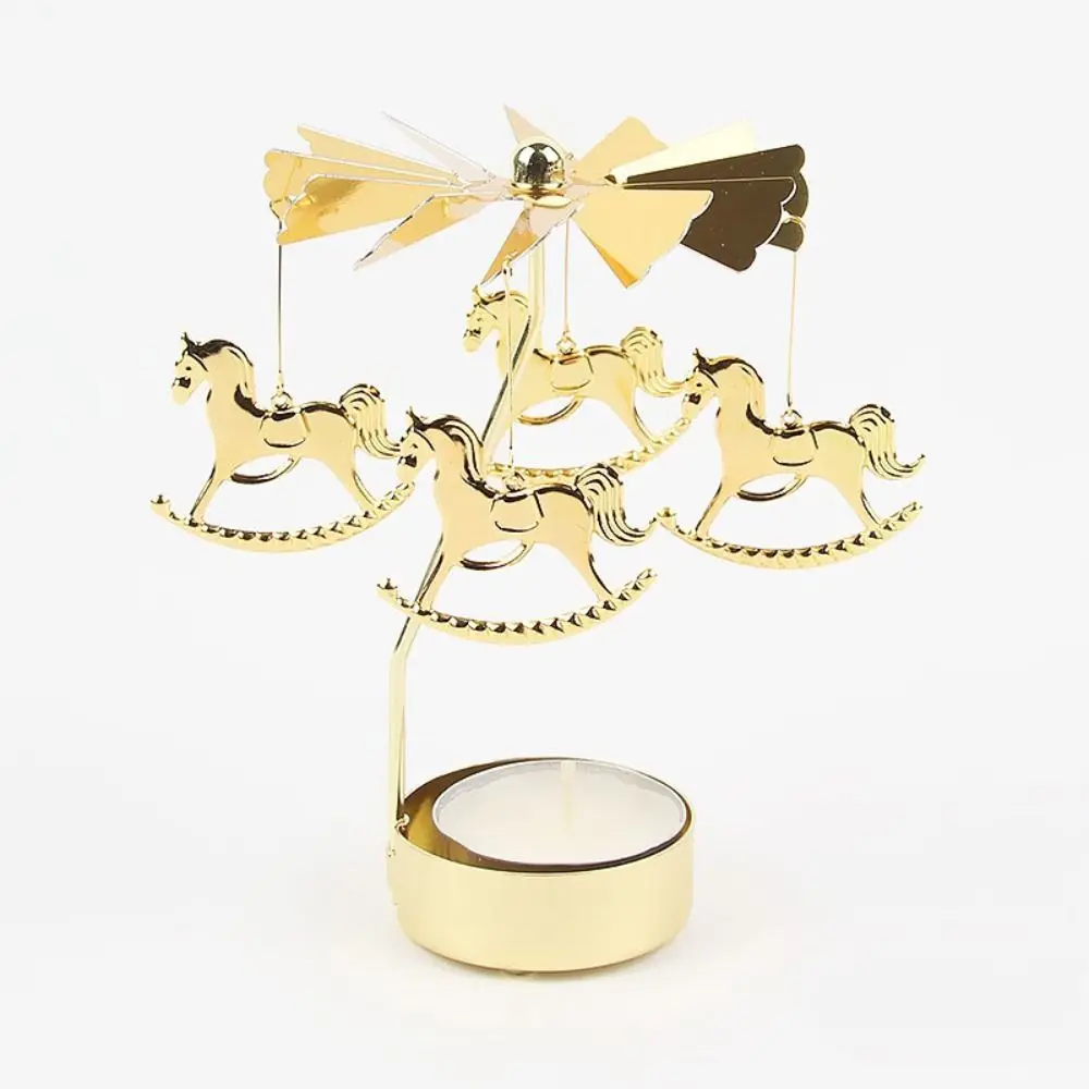Metal Metal Rotating Tea Light Holder Gold Silver Angel Carousel Pattern Christmas Rotating Candle Holder Hollow