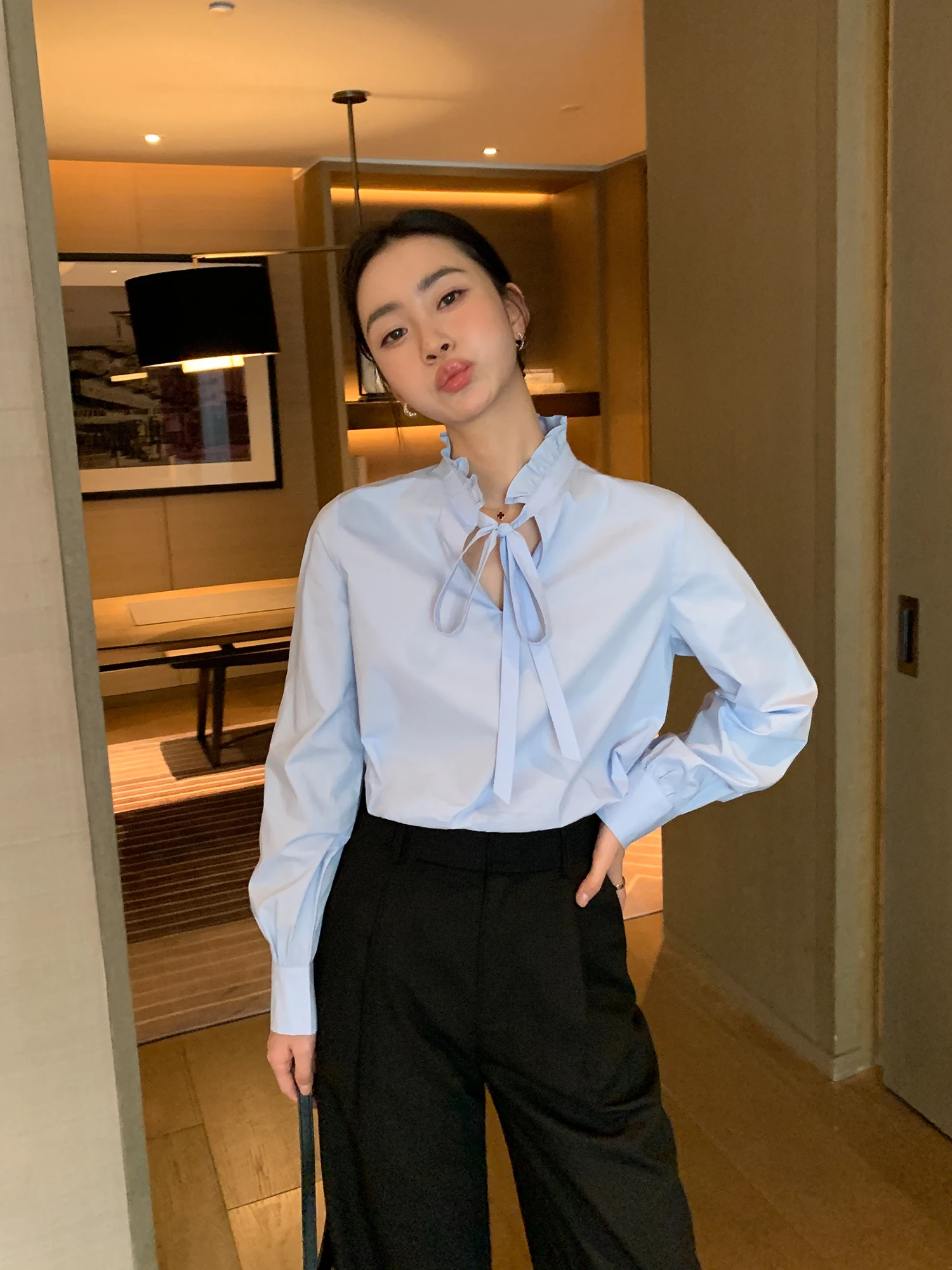 

Ele Women's Ruffle Hem Tie irt Lenzing Pearl Button Casual Loose Fit Breathable Long Sve Pure Color irt