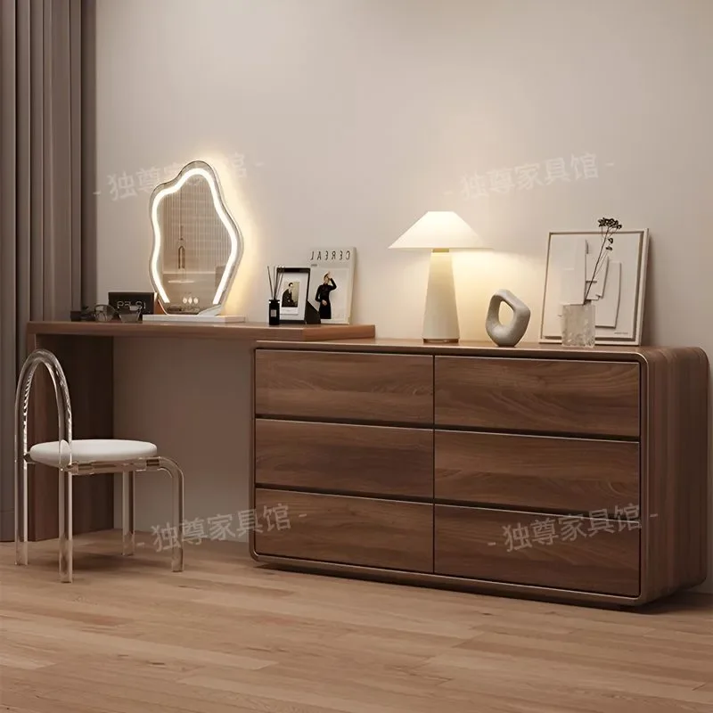Nordic Solid Wood Makeup Table with Cloud Mirror Integrated Bedroom Vanity Desk Corner Dresser with Bedside Storage Cabinet