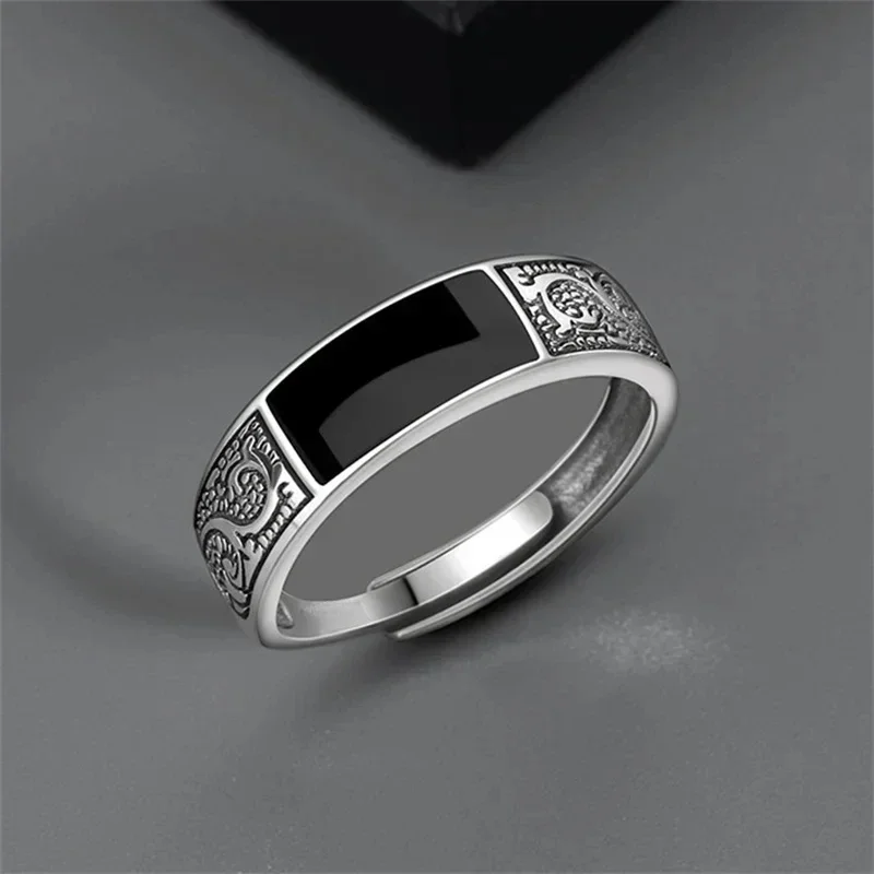 Trendy 925 Sterling Silver Ring for Men Jewelry Black Rectangle Retro Dragon Pattern Ring Male Open Rings Finger Accessories