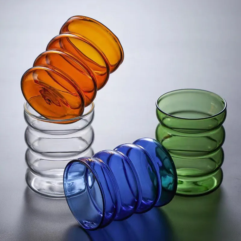 Single Layer Corrugated Glass Suction Tube Cup Set Coffee Cup ins Milk Cup Colorful Spiral Caterpillar Cup Ring Cup Altar Flask