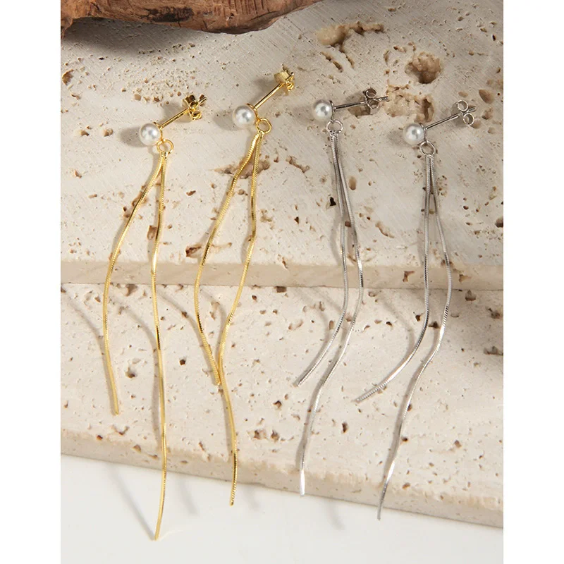 

S925 sterling silver women's earrings, gold-plated pearls, tassels, popular fashion jewelry, party accessories