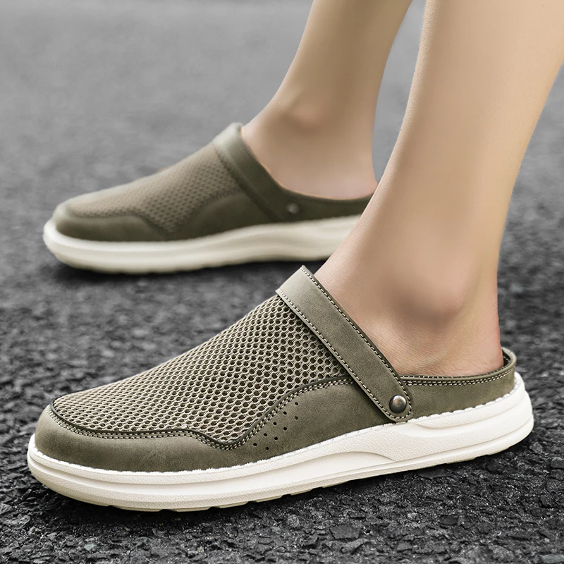 Large Size Mesh Open Back Casual Shoes Half Shoes for Men Mules Closed-toe Loafers Slippers Backless Slides Sandal Slip On Flats