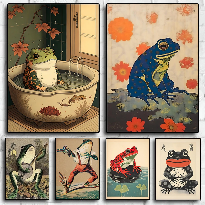 Antique Japanese Whimsical Wild West Music Samurai Frog Retro Animals Poster Wall Art Pictures Canvas Painting Home Decor Gift