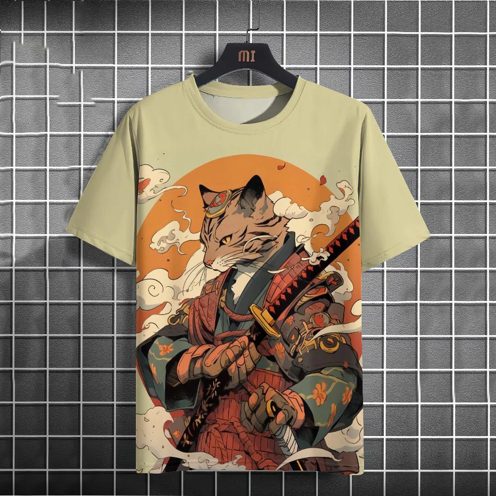 

2024 Japanese Anime Samurai T-Shirt For Men 3D Animal Print Short Sleeved Tees Casual T-Shirt Vintage Shirt Retro Men Clothing