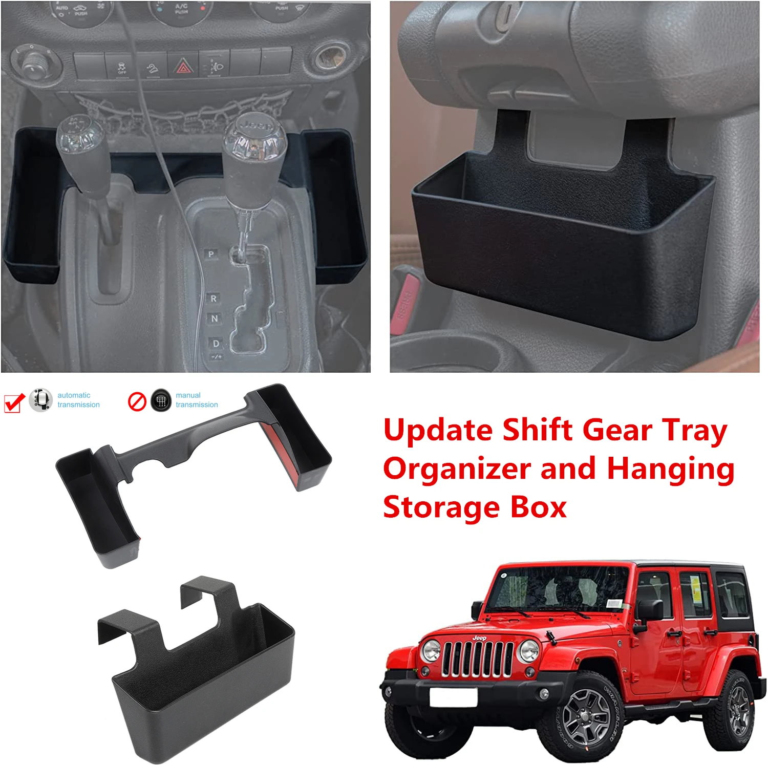 2PACK Armrest Storage Box + Gear Shift Side Organizer for Jeep Wrangler JK 2011-2018 Interior Tray Accessories Stowing Tidying