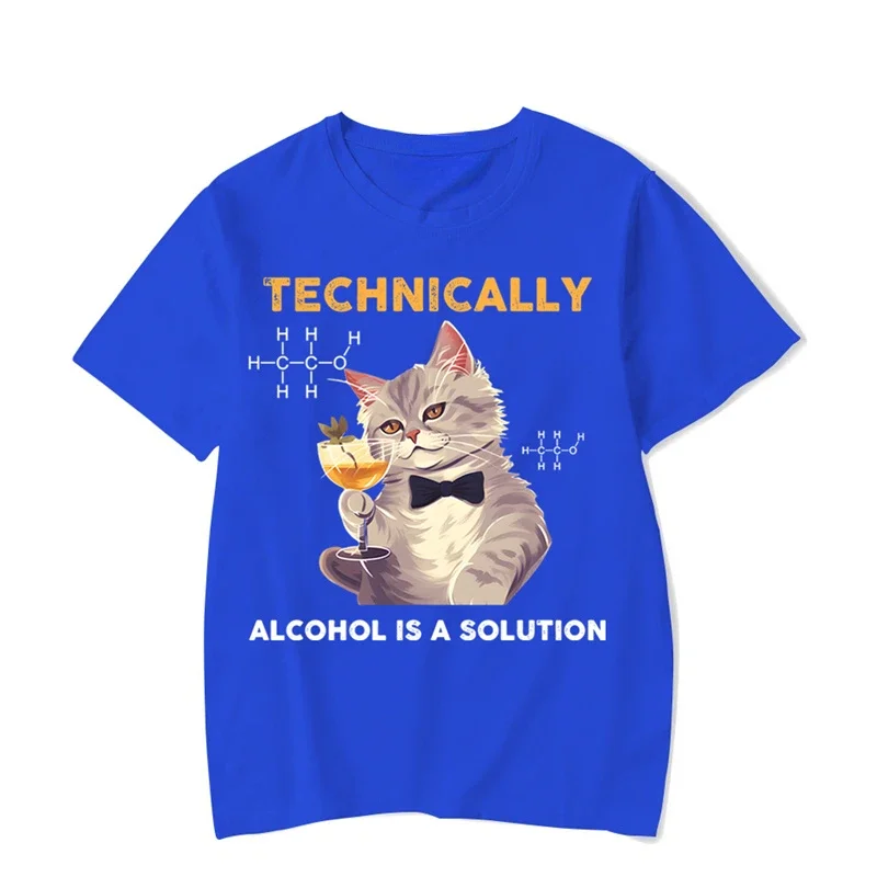 Fashion Harajuku T-shirt Women Men Brand Tshirt Technically Alcohol Is A Solution Graphic Tshirt Funny Cat Drinking Beer Tshirt