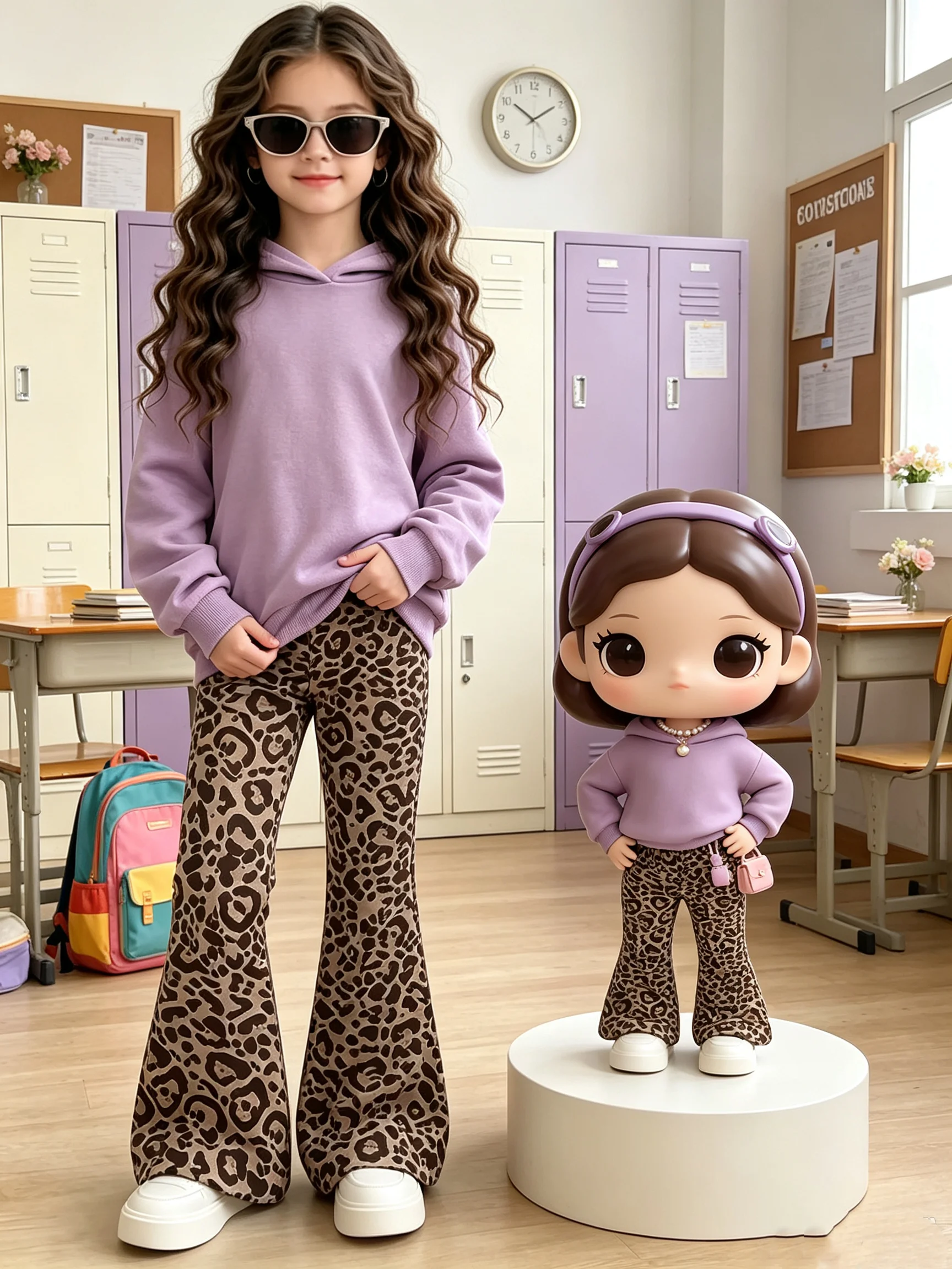 Kids' Autumn Winter Solid Color Hooded Long Sleeve Sweatshirt And Leopard Print Flared Pants Set for Children