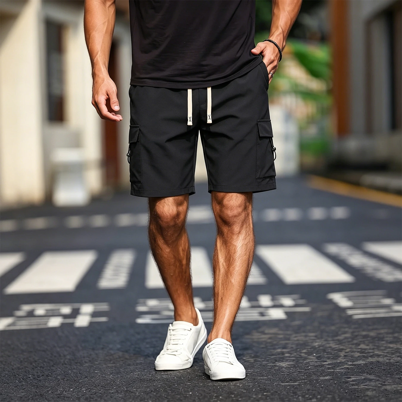 Men's Drawstring Elastic Waist Cargo Shorts Multi Side Pockets With Lanyard Ring Loose Casual Summer Outdoor Shorts