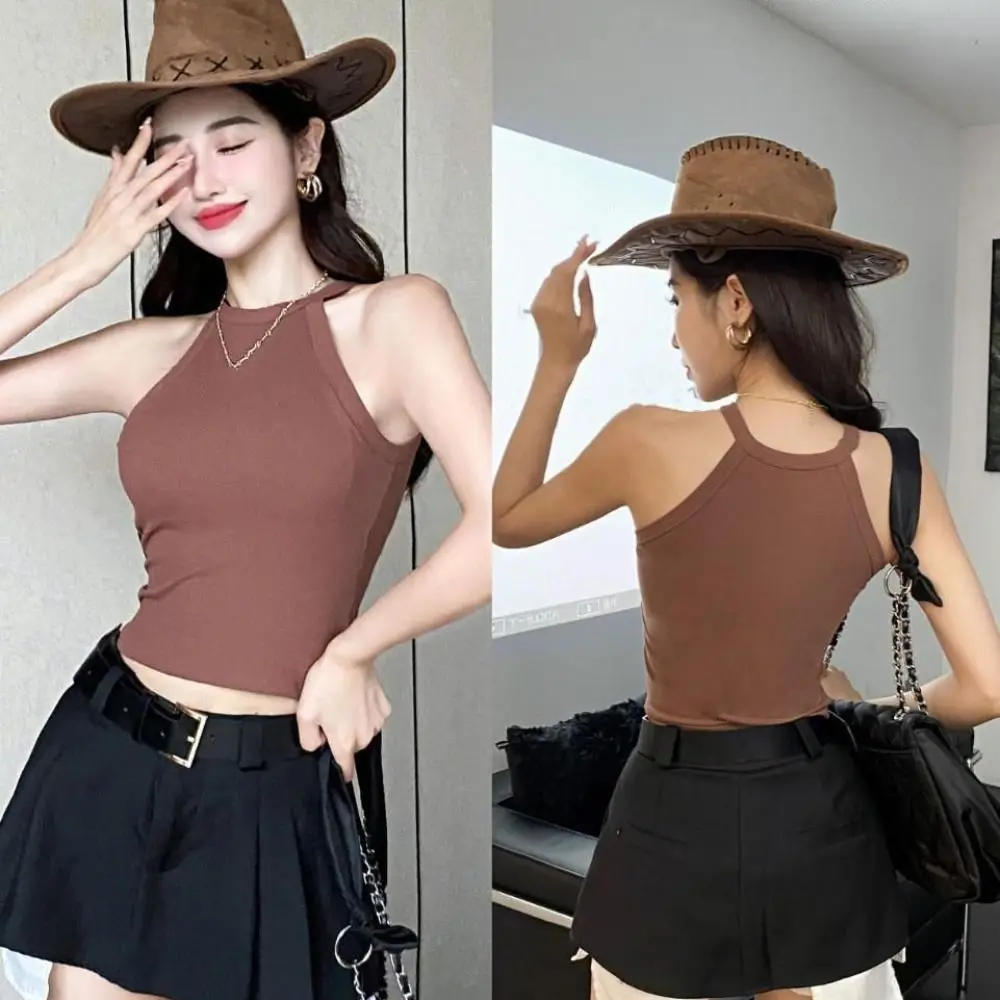 قميص قصير غير رسمي بدون أكمام ورقبة دائرية وحمالات رفيعة وحزام رفيع ملابس شاطئ نمط فتاة حار قميص قصير مع وسادات صيفية #3