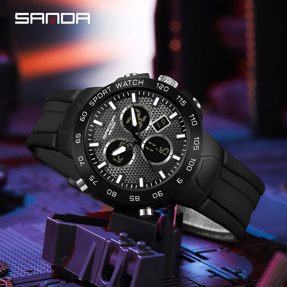 Sanda Top Luxury Brand Men\'s Watches Outdoor Sports Waterproof Dual Display Quartz Wristwatches Digital Relogio Masculino 3112