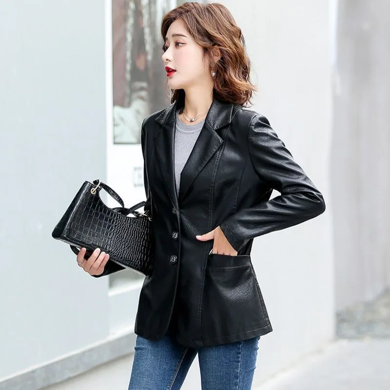 2023 Spring Autumn New Women Slim Small Suit Motorcycle Wind Imitation Sheepskin  Long Cardigan Loose Thin Style Leather Coat