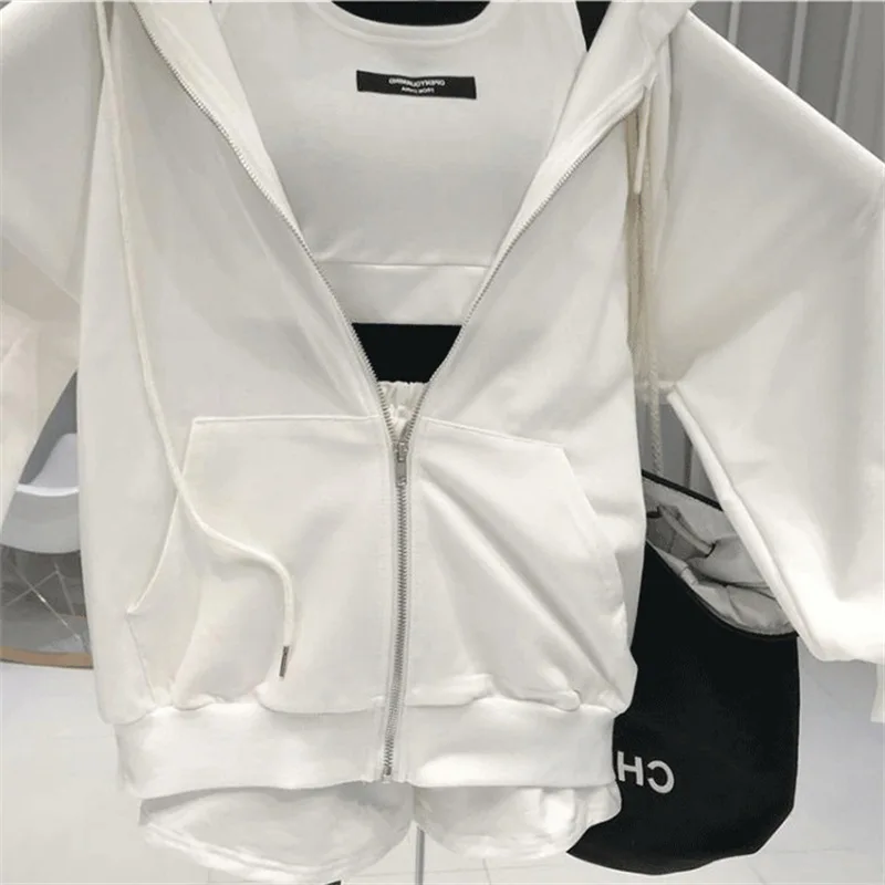 Women 3 Pieces Sports Tracksuit Set Solid Longs Sleeve Hooded Jacket Sleeveless Tanks and Shorts Casual LIghtweight