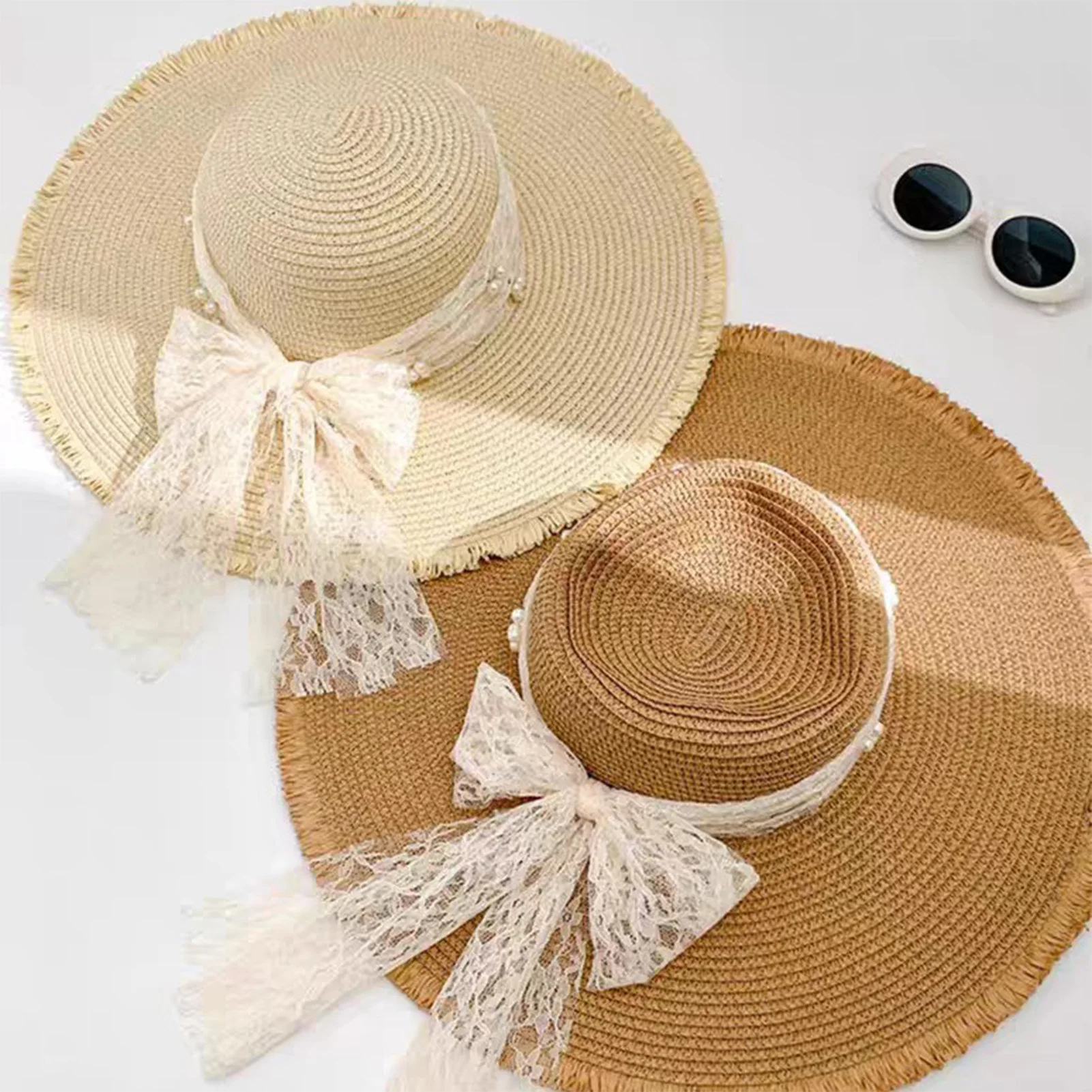 Sommerhut mit breiter Krempe, französischer Spitzen-Strohhut mit Schleife, eleganter Damen-Strohhut für Sommer, Strand, Reisen, Wandern