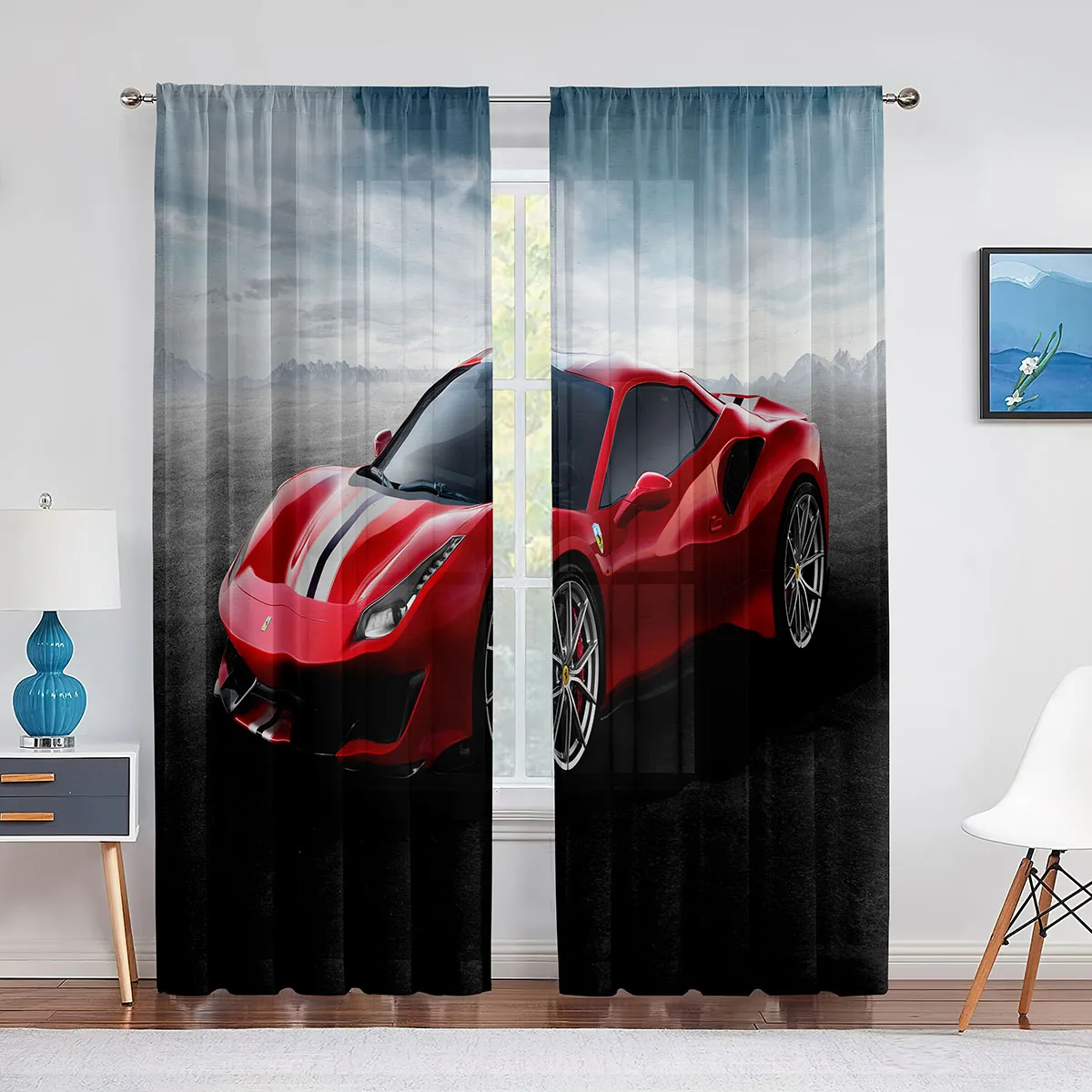 Black Cool Sports Car Movie Print Pattern Modern Boys Drapes Window Curtains for Living Room Bedroom Kitchen 2 Pieces Decor