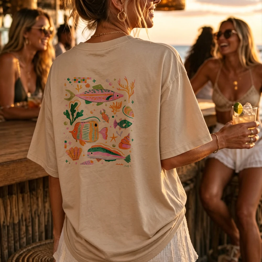 Colorful Fish Coral Seashells Tropical Pattern Crew Neck Relaxed Fit Beige Cotton T-Shirt for Women Summer Beach Vacation Tops