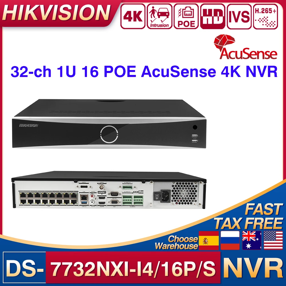 

Original Hikvision 32-ch 1U 16 POE DS-7732NXI-I4/16P/S AcuSense 4K 8MP NVR Network Video Recorder 4SATA MD2.0 Surveillanc