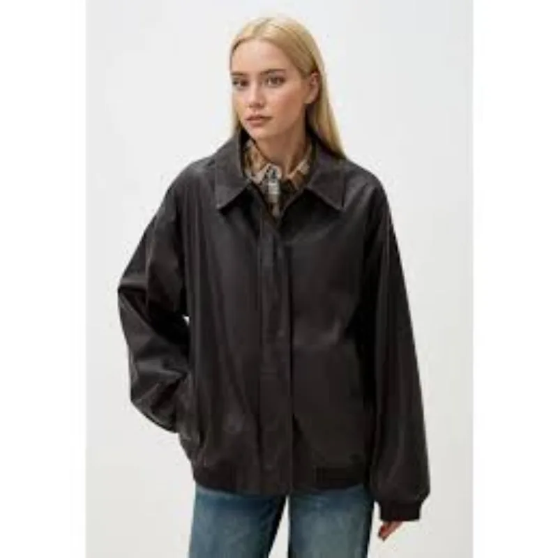GuobioziyTcyeek Genuine Leather Jacket Women's Casual Autumn Coat Vintage Classic Commuter Style Black Fashion Women's Jacket