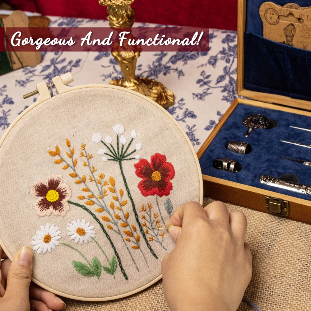 Komplettes Vintage-Nähset im europäischen Stil, Retro-Nähset in Holzbox mit antiken Stickerscheren und Nadeln für DIY-Bastelarbeiten – Detail 4