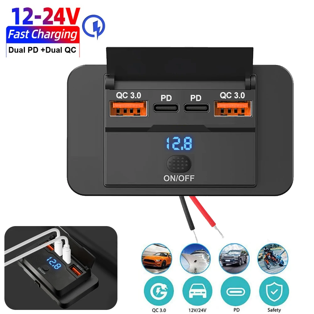 New 4 Ports Car Charger Socket Panel 12V/24V RV USB Outlet Dual QC3.0 PD Fast Charging Socket Accessories for Car Bus RV Truck