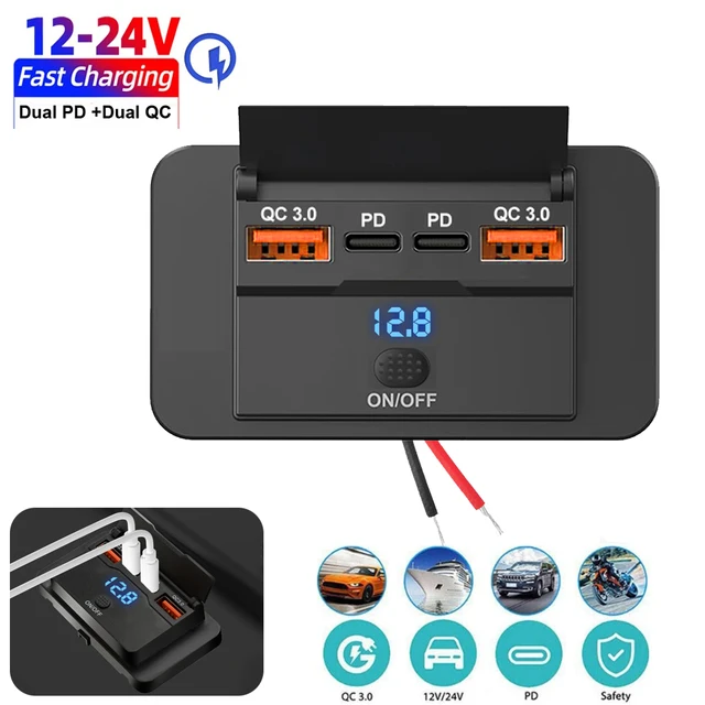 Nowa 4-portowa ładowarka samochodowa Panel gniazd 12V/24V RV USB Podwójne gniazdo szybkiego ładowania QC3.0 PD Akcesoria do samochodów ciężarowych RV Bus