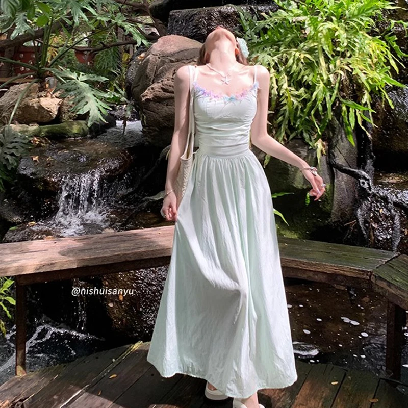 New French Women Dresses Green Strappy Dress for Women's Summer Beach Vacation