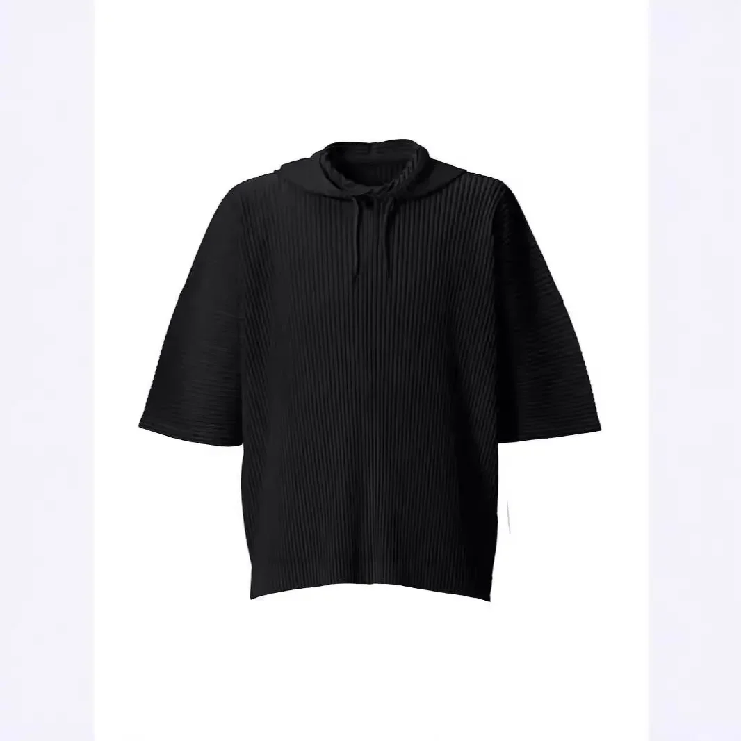 Pleats Pleated Men's New 2024 Summer Round Neck Short-sleeved Hoodie Sweater Pullover Jacket Loose Casual Men Clothing