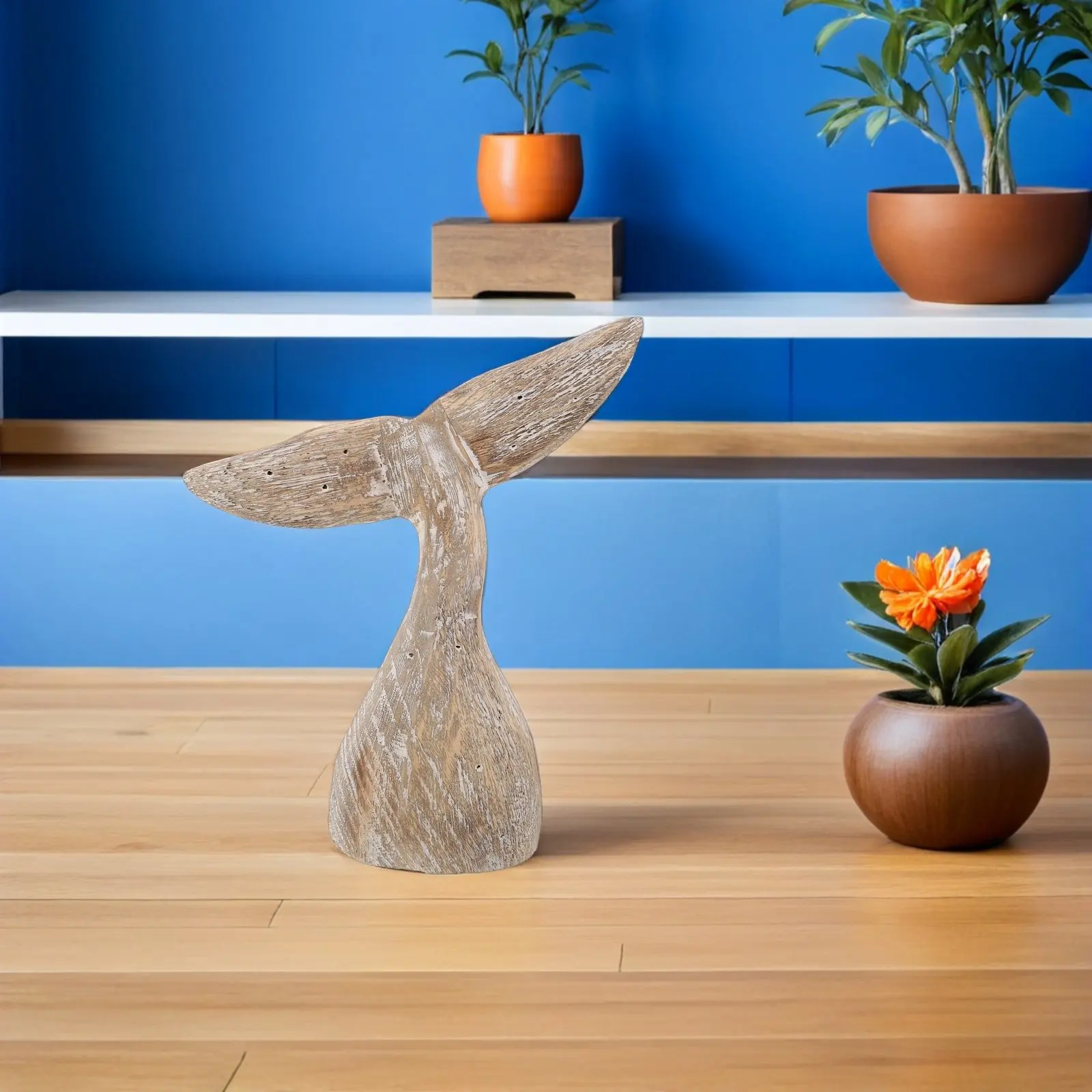 Wood Whale Tail Decor Hand Carved Solid Wood Coastal Ocean Statue for Shelf Table Office Beach Home