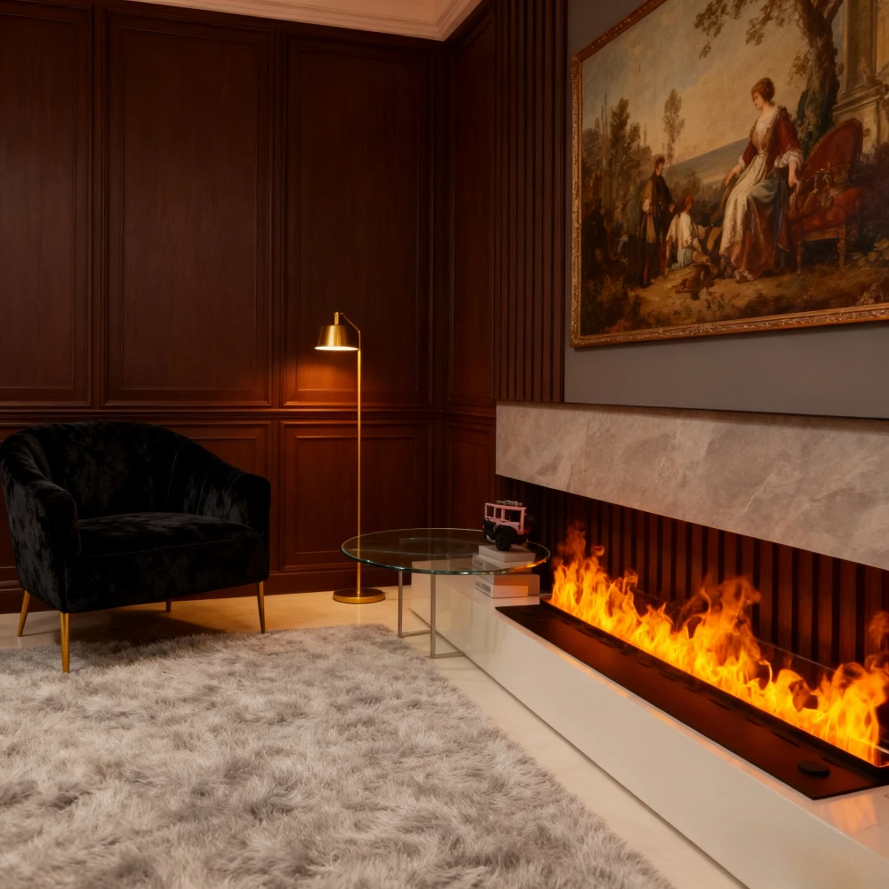 مدفأة ذكية ثلاثية الأبعاد مع لهب LED ملون ECO Premium، مدفأة مصممة لغرفة المعيشة - لوحة زجاجية، مرطب