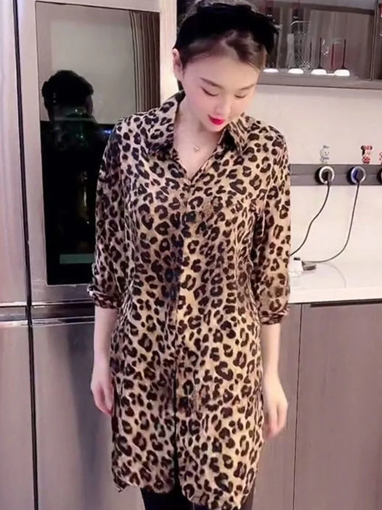 เสื้อผู้หญิงฤดูใบไม้ร่วง 2025 ลายเสือดาวใหม่ ทรงหลวม ปิดหน้าท้อง ช่วยให้ดูผอม ทรงเอ ความยาวปานกลาง คอปก แขนยาว