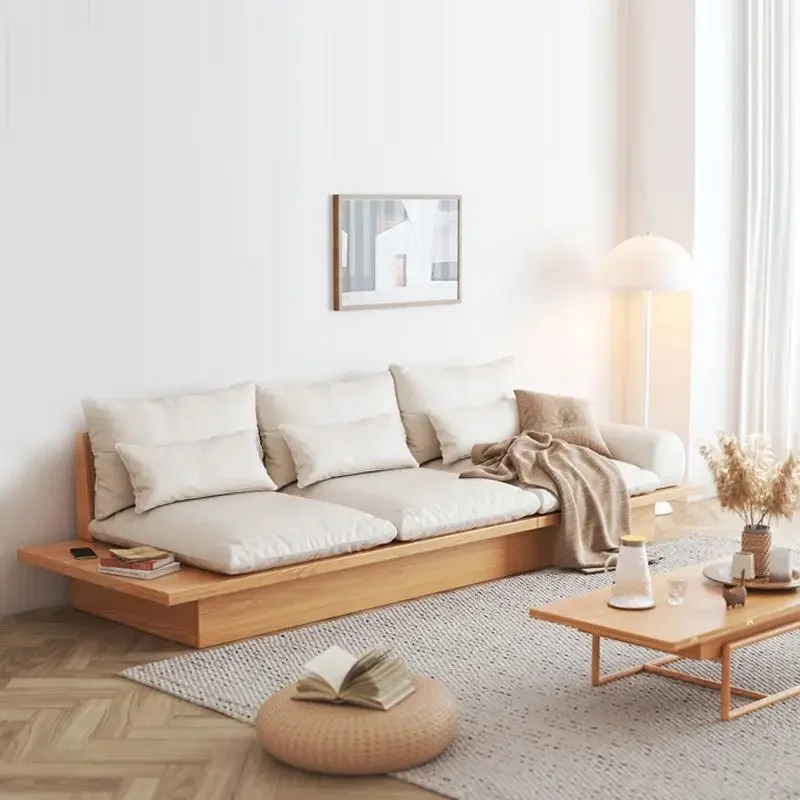 Japanese Style Sofa with Solid Wood Frame, Minimalist Storage, Small Unit Size, Three Person Platform, Living Room