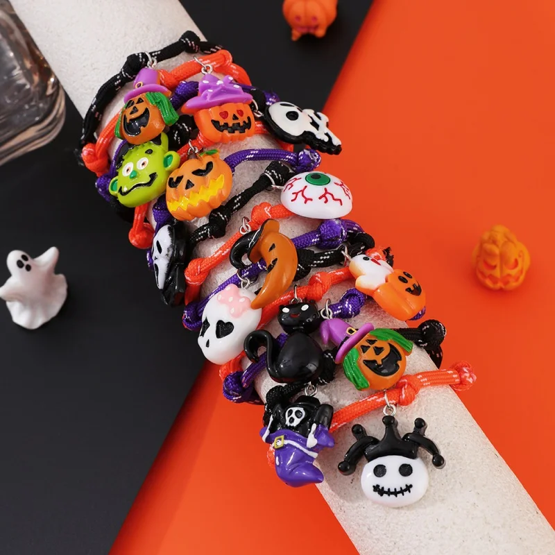 Halloween Pumpkin, Skull, and Black Cat Pendant With Adjustable Braided Bracelet, Suitable for Both Children and Adults