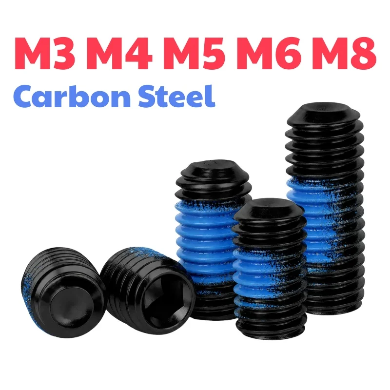 Carbon Steel M3 M4 M5 M6 M8 Black Headless Hexagon Socket Grub Screw Blue Dispensing Anti-Loosening Screws