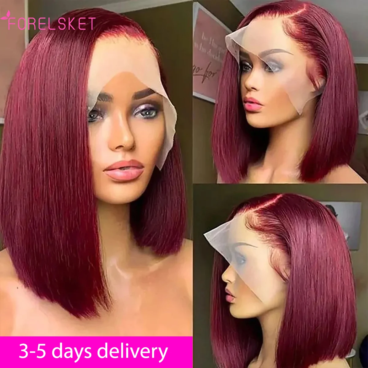 13x4 99J Short Bob Wig Human Hair Dark Red Burgundy Color Full Frontal Bob Wigs Blunt Cut Bone Straight Front For Black Woman