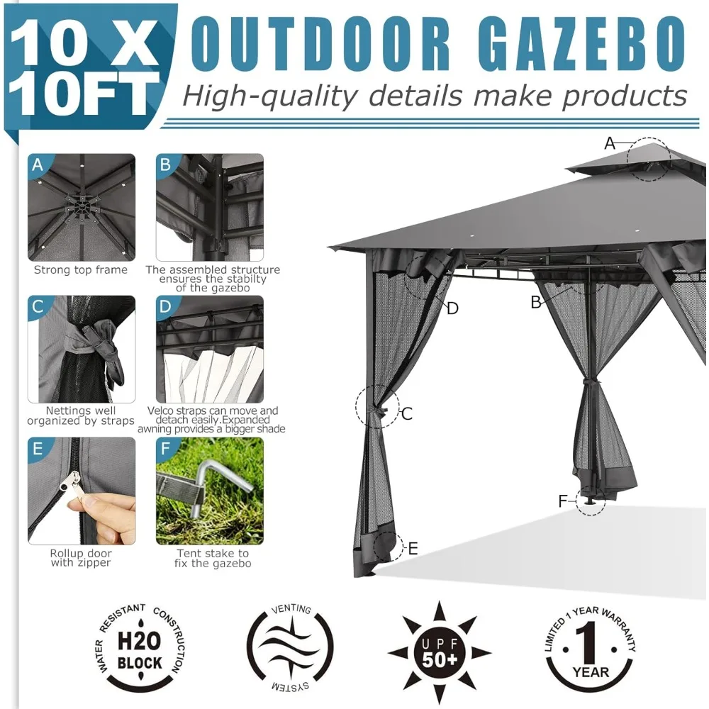 HOTEEL 10'x10' أكشاك خارجية للفناء مع شبكة، خيمة مظلة مقاومة للماء بإطار فولاذي عالي التحمل، فوز عالي
