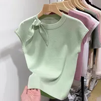 Women's Short Sleeve Round Neck Knit Sweater Summer New Slim Fit Versatile Pullover Lace-up Fashion Female Clothes 2025