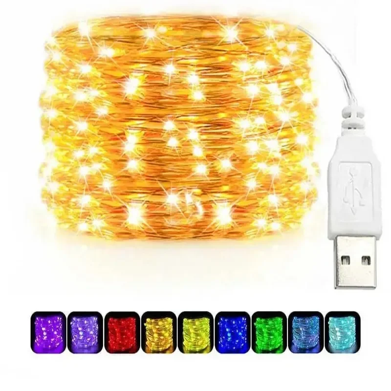 USB LED Copper Silver Wire String Lights, Guirlanda impermeável, Luzes de fadas para o Natal, Casamento, Decoração ao ar livre